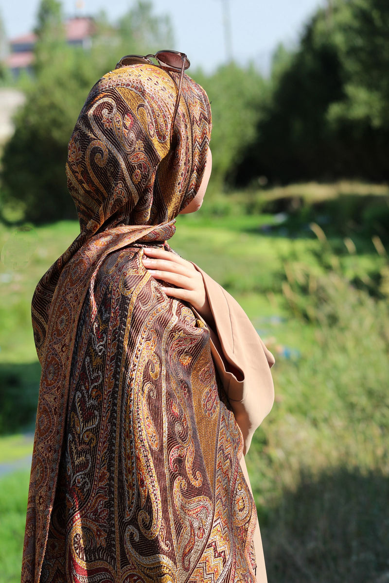 Jamawar shawl over the shoulders